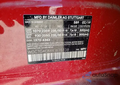 2019 Mercedes-Benz Gla 250 from USA, damaged, VIN WDCTG4EBXKJ615138